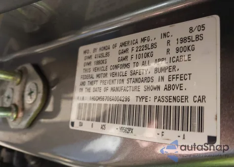 2006 Honda Accord 2.4 Ex from USA, damaged, VIN 1HGCM56706A004296